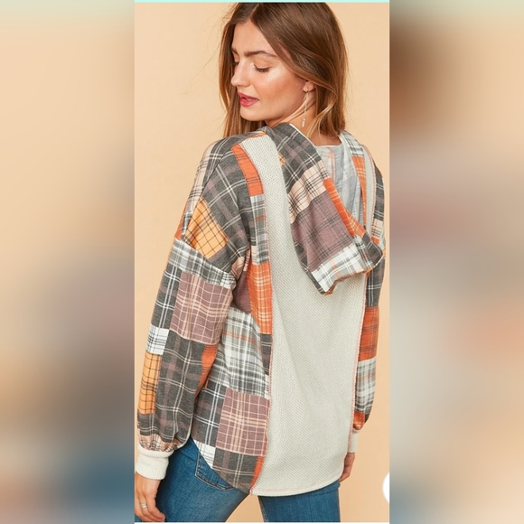 Plus Rust Charcoal & Oatmeal Plaid Patchwork Waffle Color Block Hoodie - Picture 5 of 5